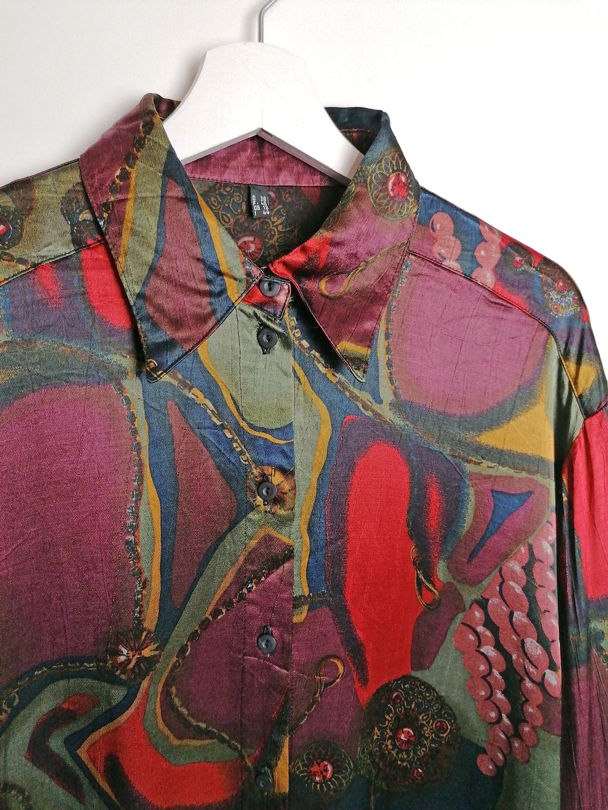 80's Silky Retro Pattern Blouse - size M / 38 / GB 12