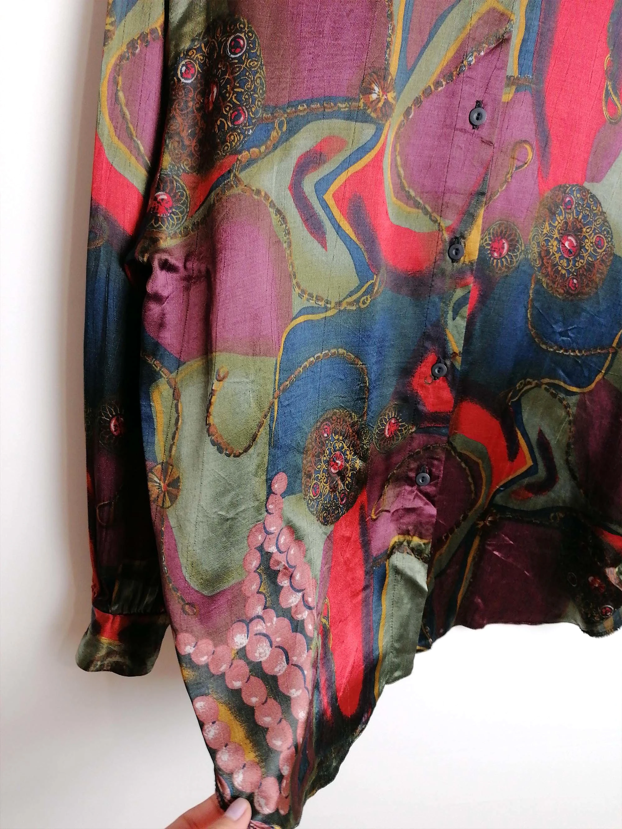 80's Silky Retro Pattern Blouse - size M / 38 / GB 12