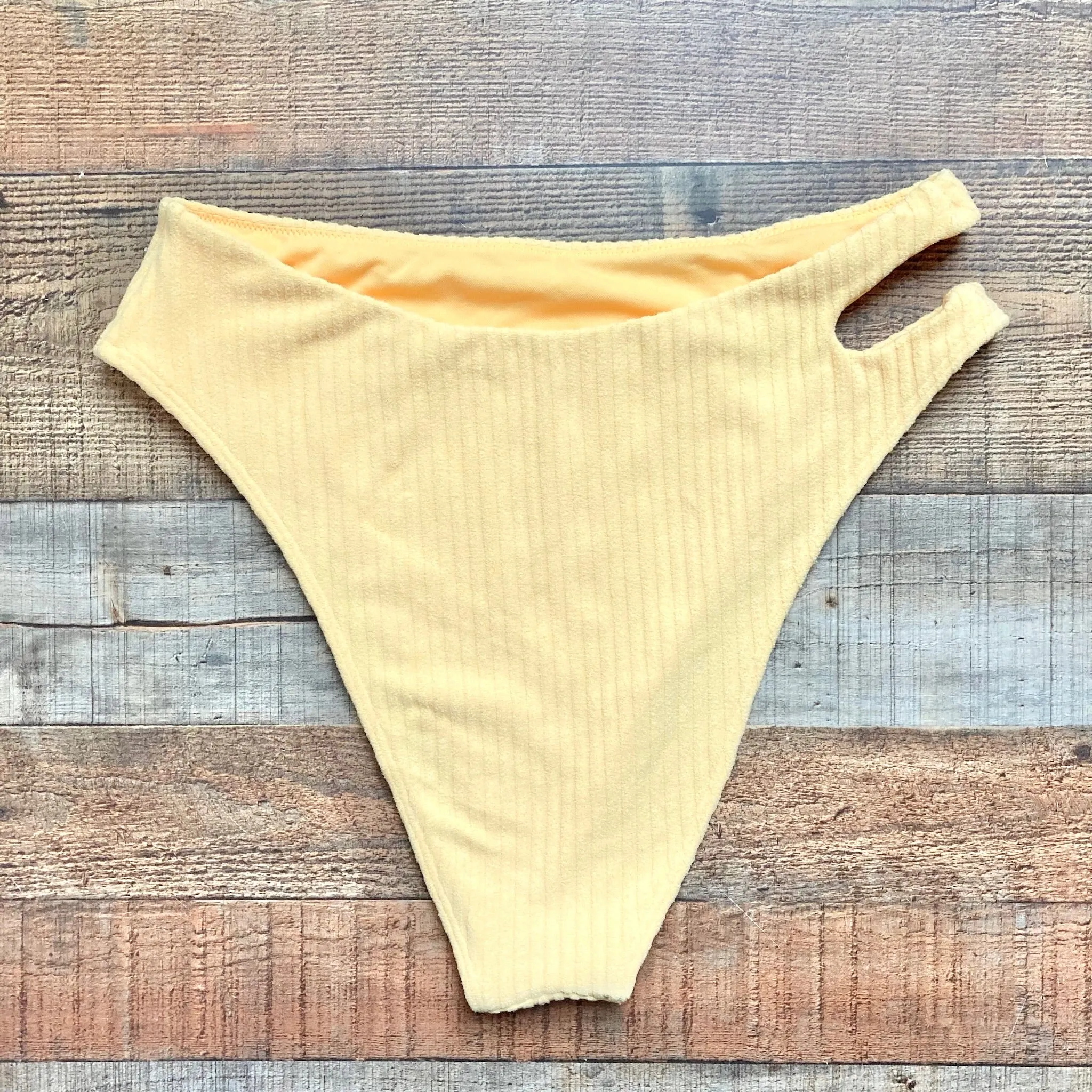 Abercrombie & Fitch Yellow Ribbed Terry Cloth Cut Out High Waisted Cheeky Bikini Bottoms- Size XL (sold out online, we have matc