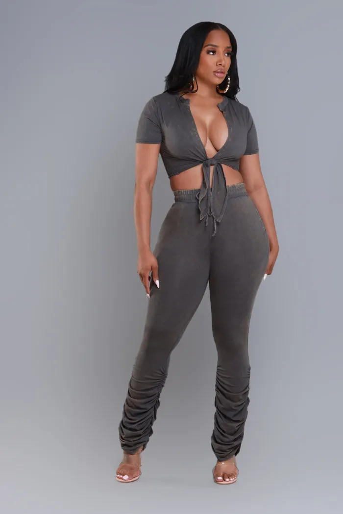 All To Myself Cropped Ruched Pants Set - Grey Mineral Wash