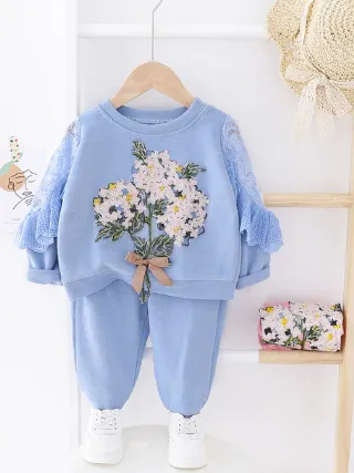 Baby Beautiful Bouquet Lace Long Sleeve Sweatshirt and Pants Set