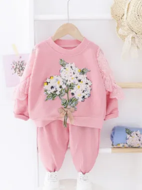 Baby Beautiful Bouquet Lace Long Sleeve Sweatshirt and Pants Set