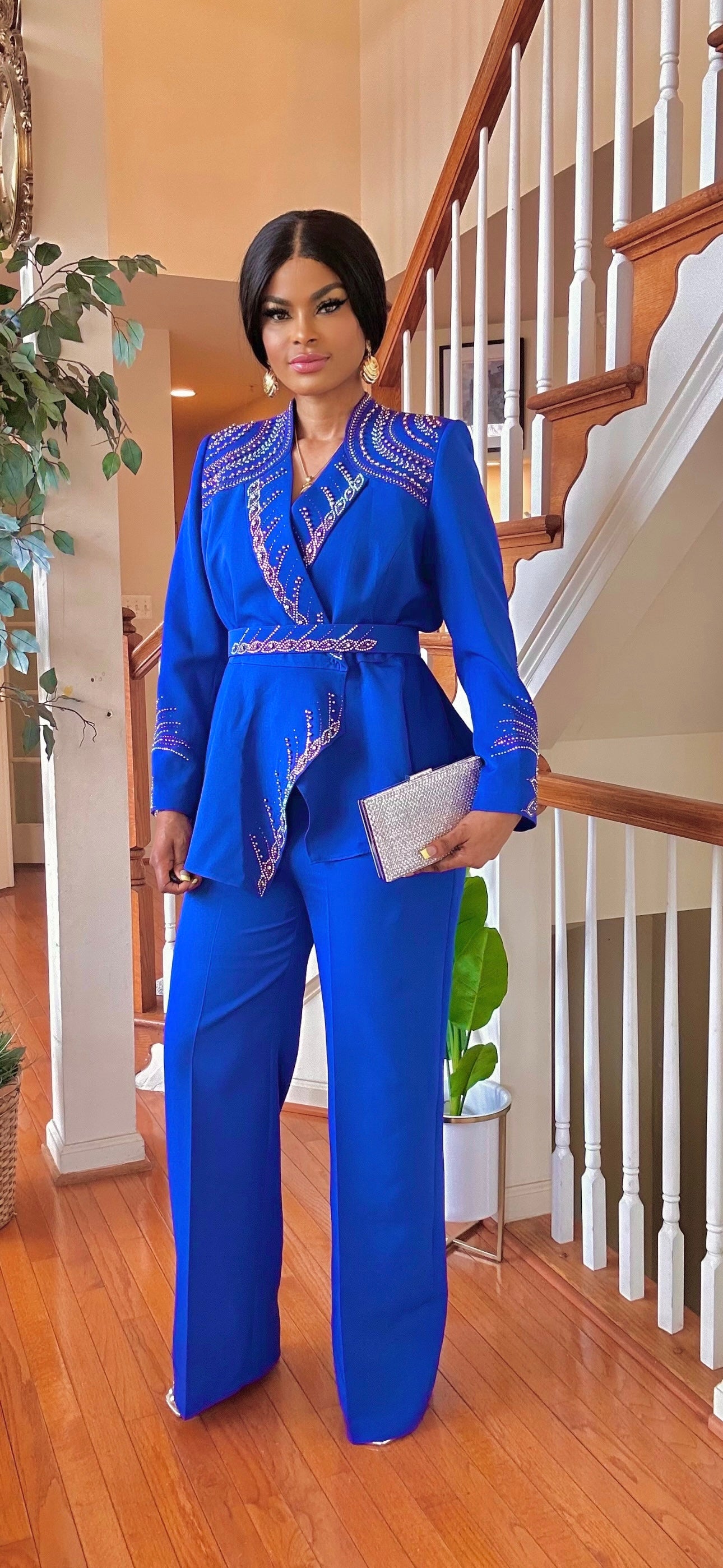 BELTED 2 PIECE PANT SUIT SET(ROYAL BLUE)