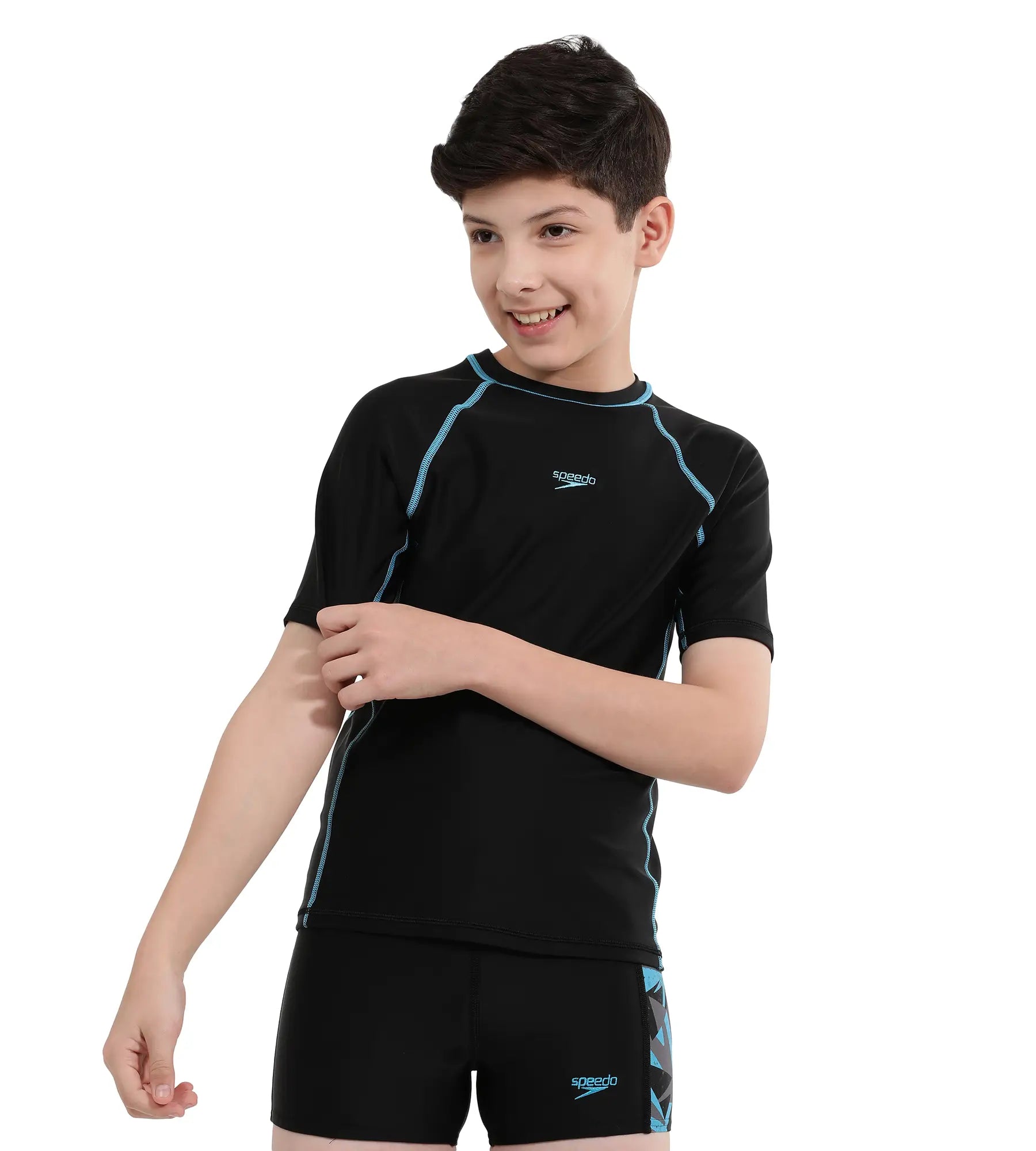 Boy's Endurance Short Sleeve Suntop - Black  &  Picton Blue