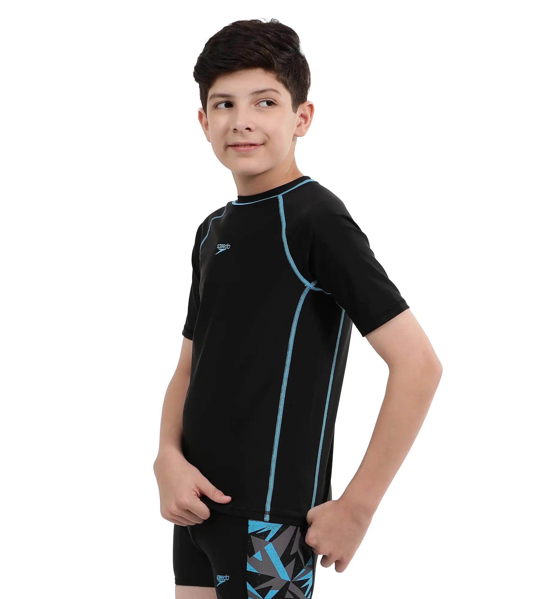 Boy's Endurance Short Sleeve Suntop - Black  &  Picton Blue