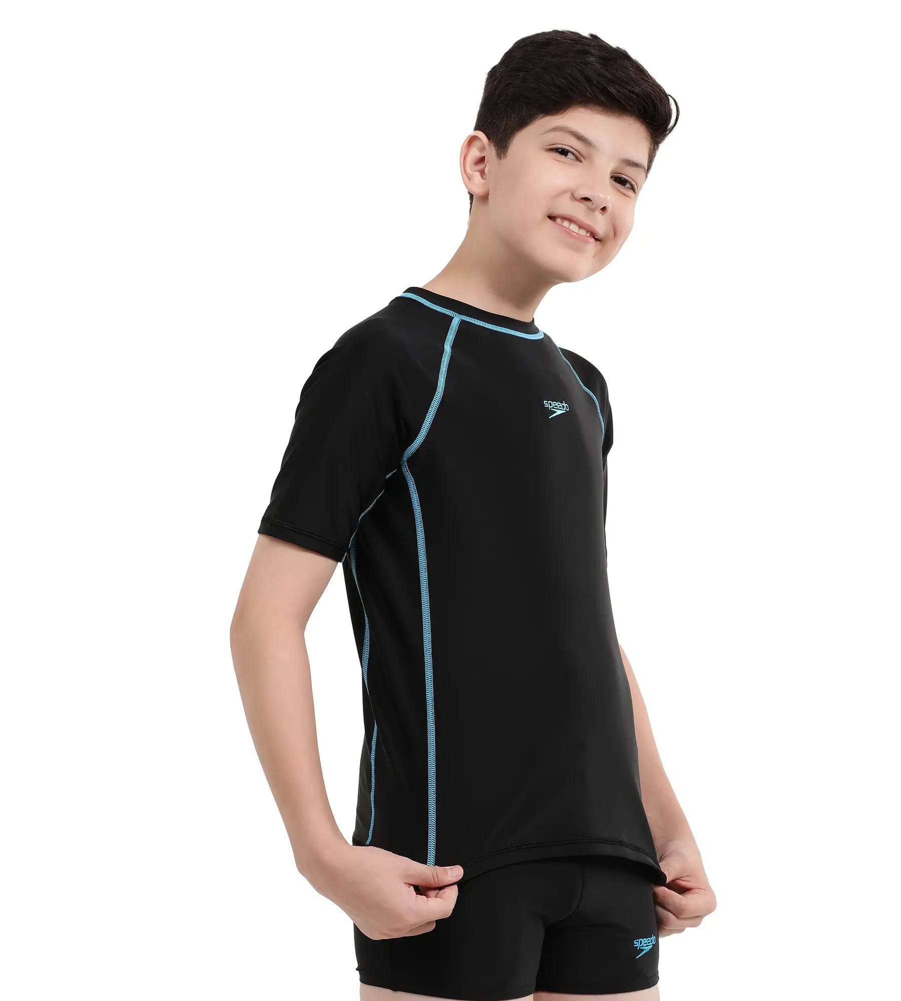 Boy's Endurance Short Sleeve Suntop - Black  &  Picton Blue