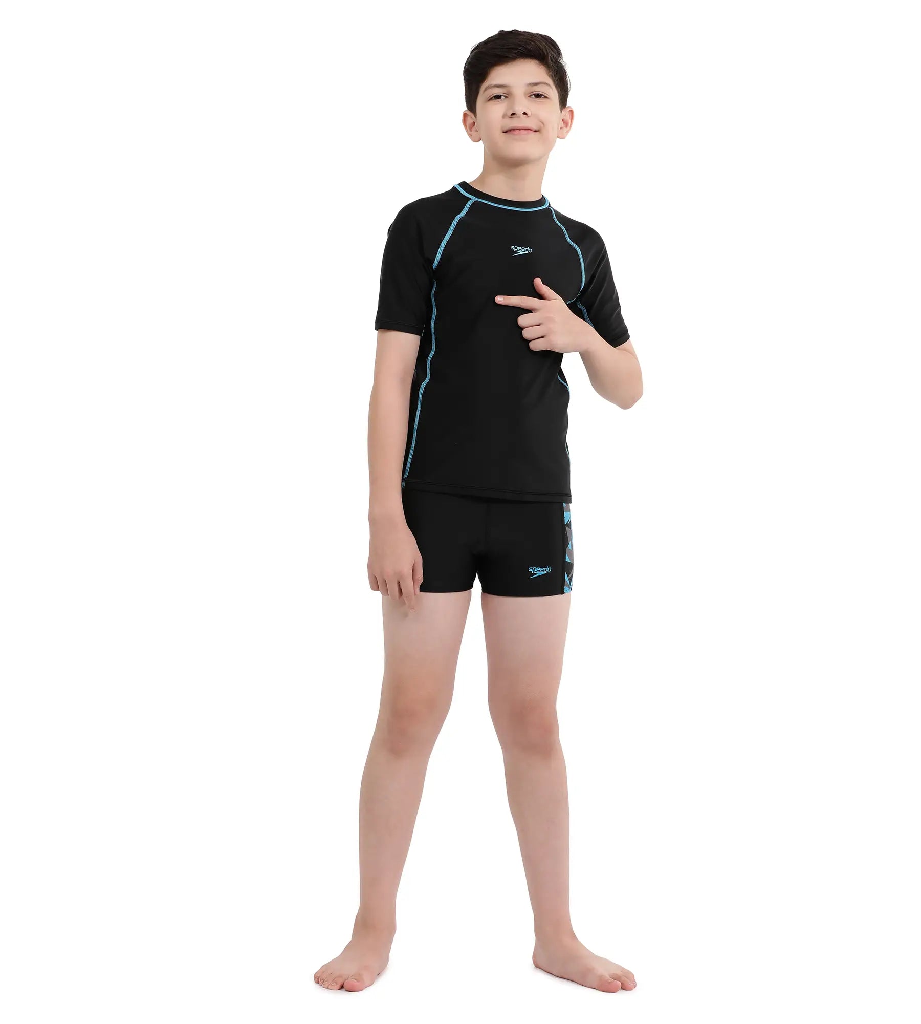 Boy's Endurance Short Sleeve Suntop - Black  &  Picton Blue