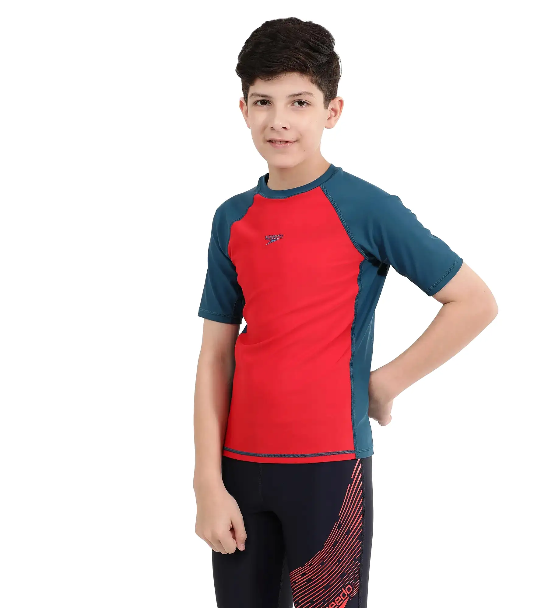 Boy's Endurance Short Sleeve Suntop - Fedred  &  Dark Teal