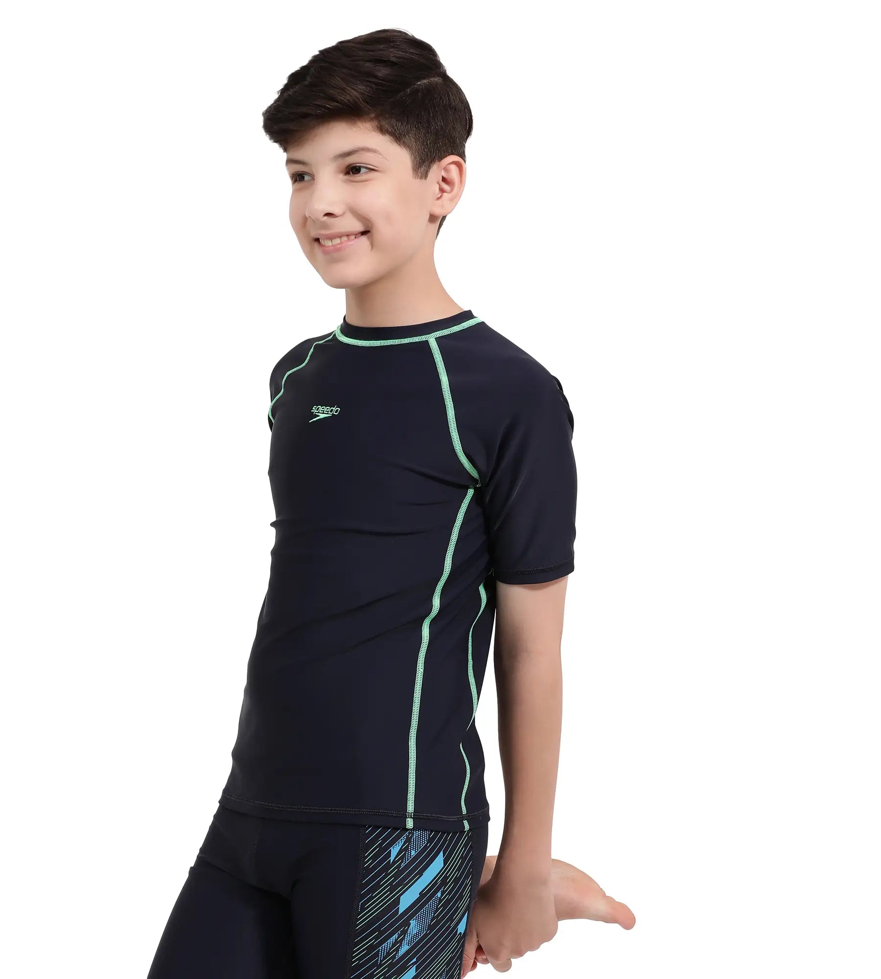 Boy's Endurance Short Sleeve Suntop - True Navy  &  Harlequin Green