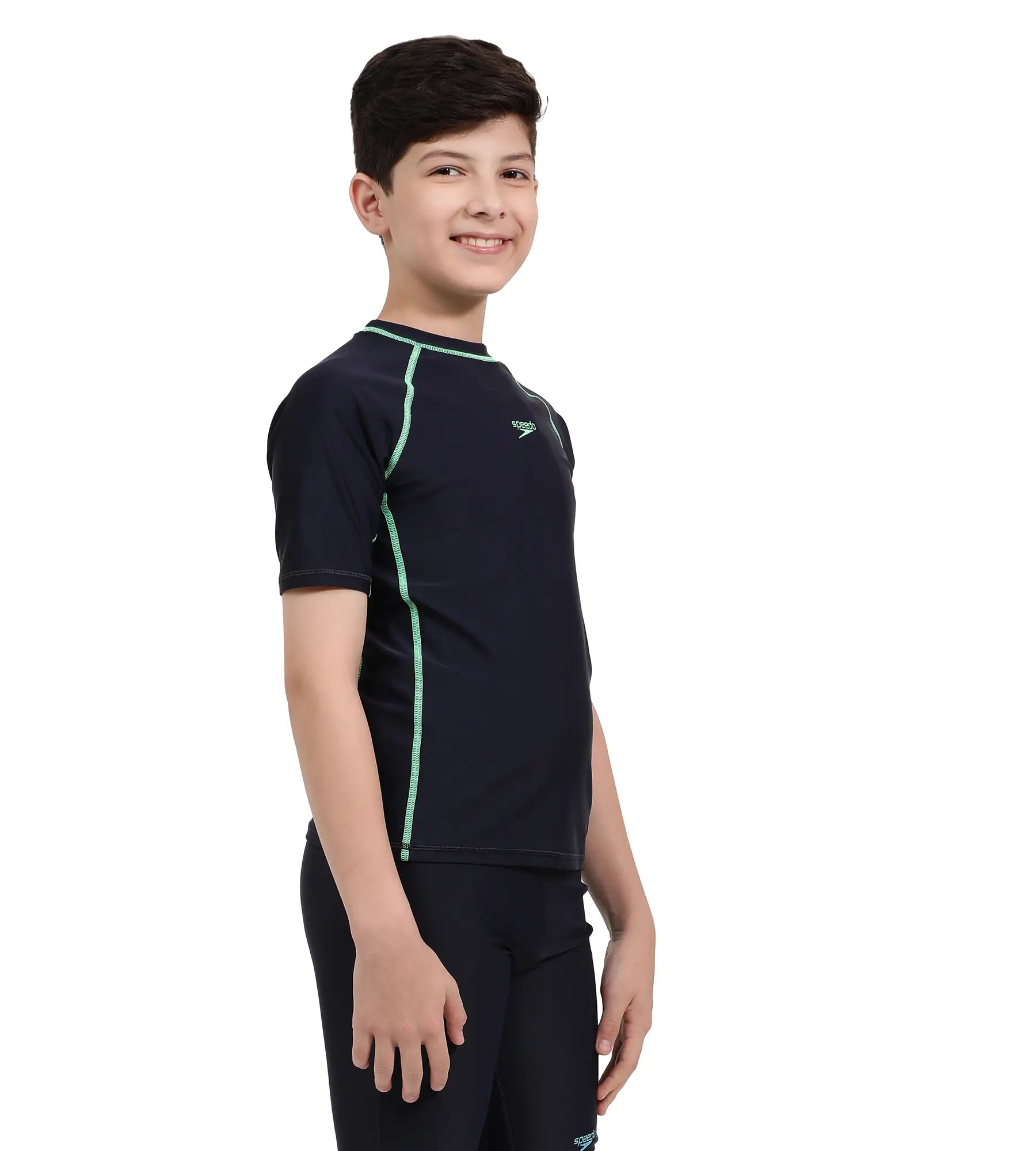 Boy's Endurance Short Sleeve Suntop - True Navy  &  Harlequin Green