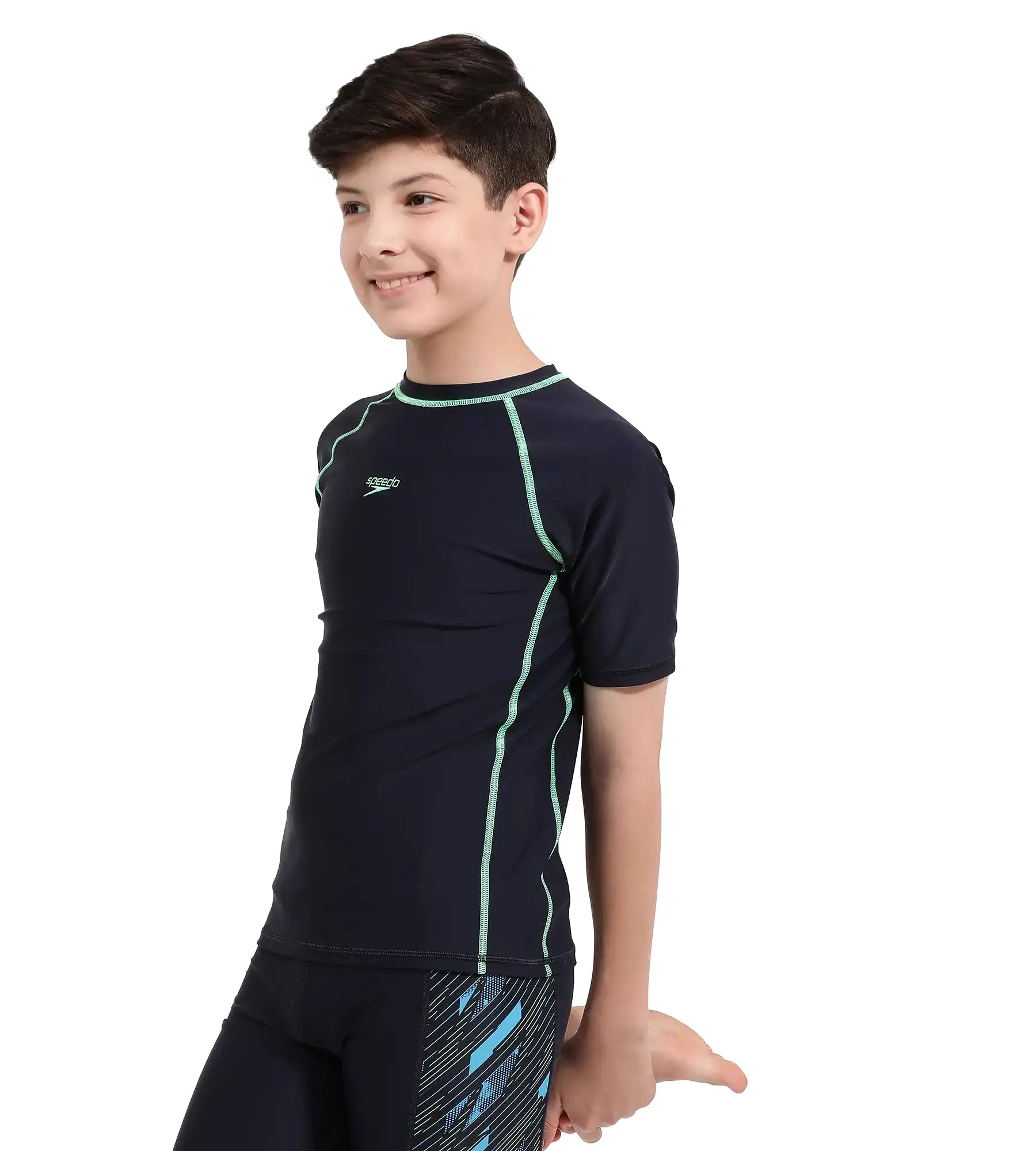 Boy's Endurance Short Sleeve Suntop - True Navy  &  Harlequin Green