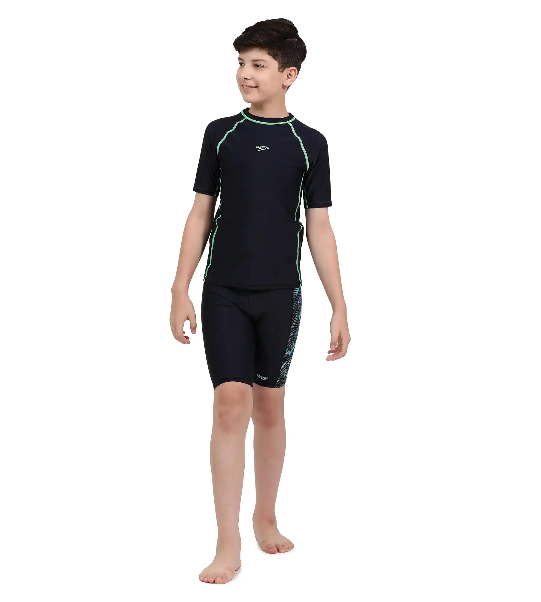 Boy's Endurance Short Sleeve Suntop - True Navy  &  Harlequin Green