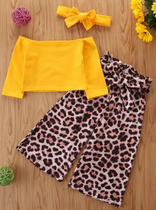 Girls Jungle Cropped Top and Leopard Pants with Matching Headband Set