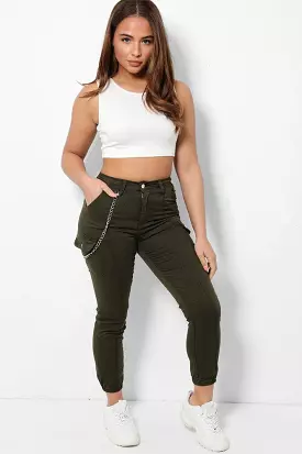 Khaki Chain High-Rise Stretchy Denim Cargo Jeans