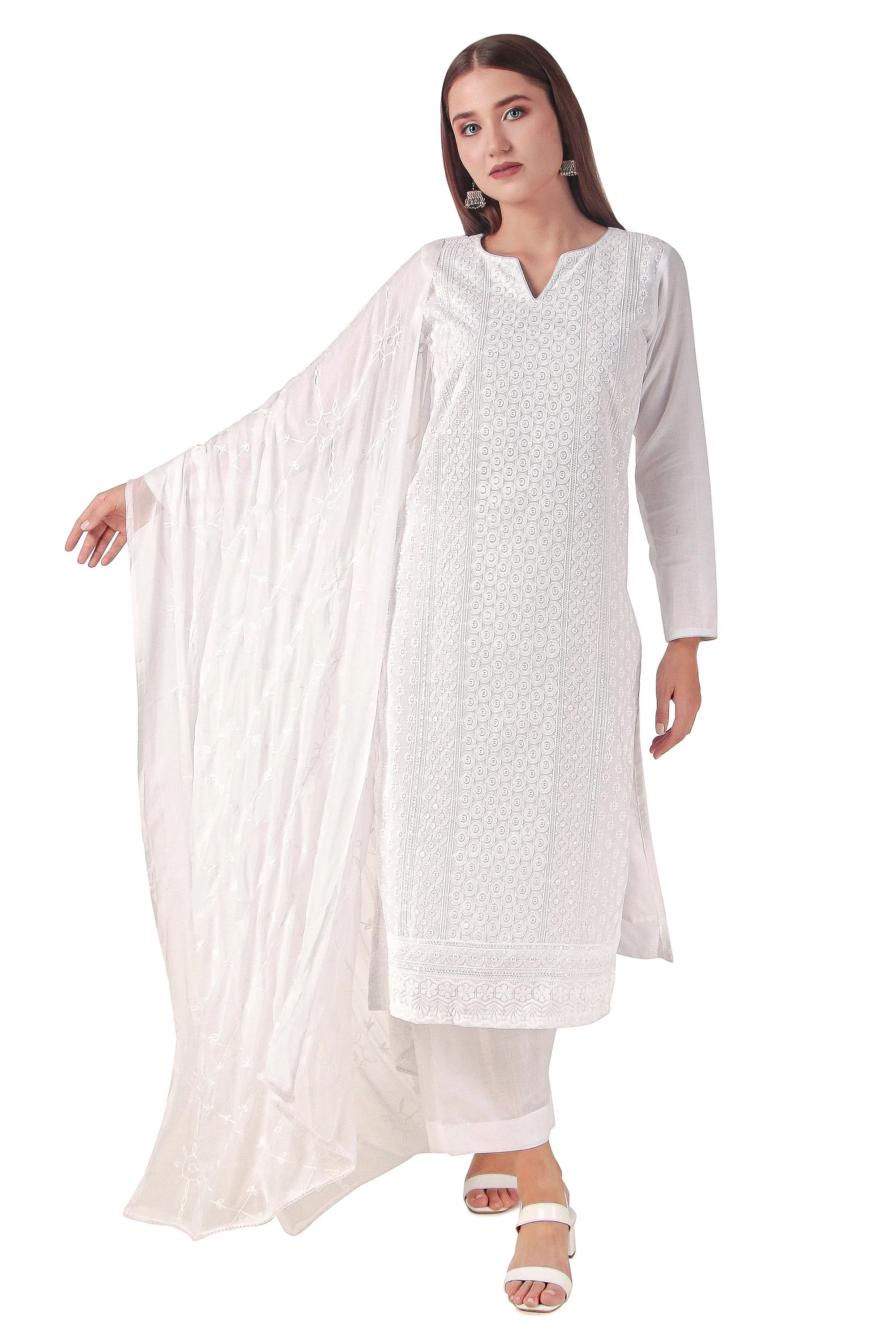 Ladyline White Cotton Chikankari Salwar Kameez Lucknowi Embroidered| Pants & Dupatta Set