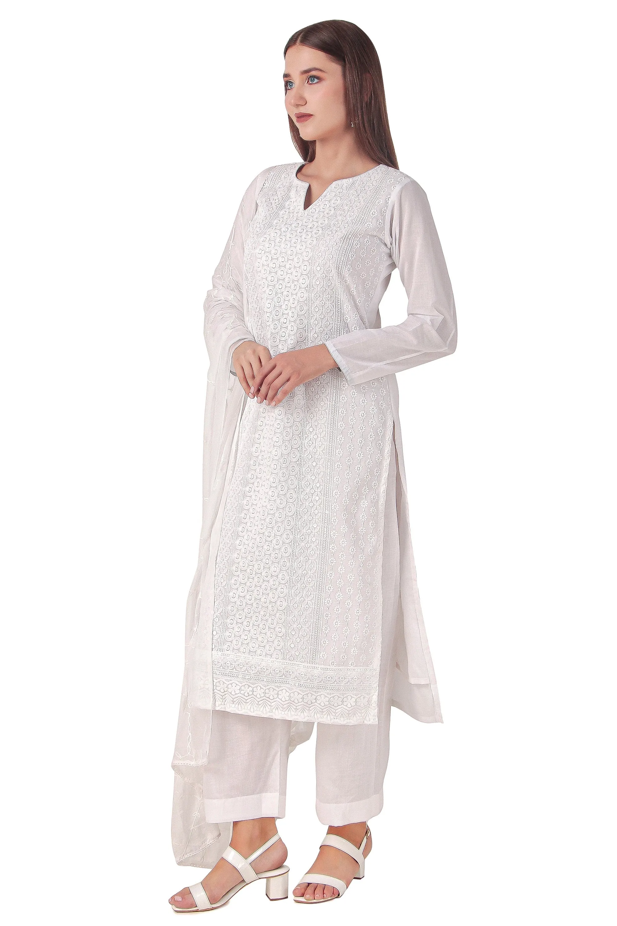 Ladyline White Cotton Chikankari Salwar Kameez Lucknowi Embroidered| Pants & Dupatta Set