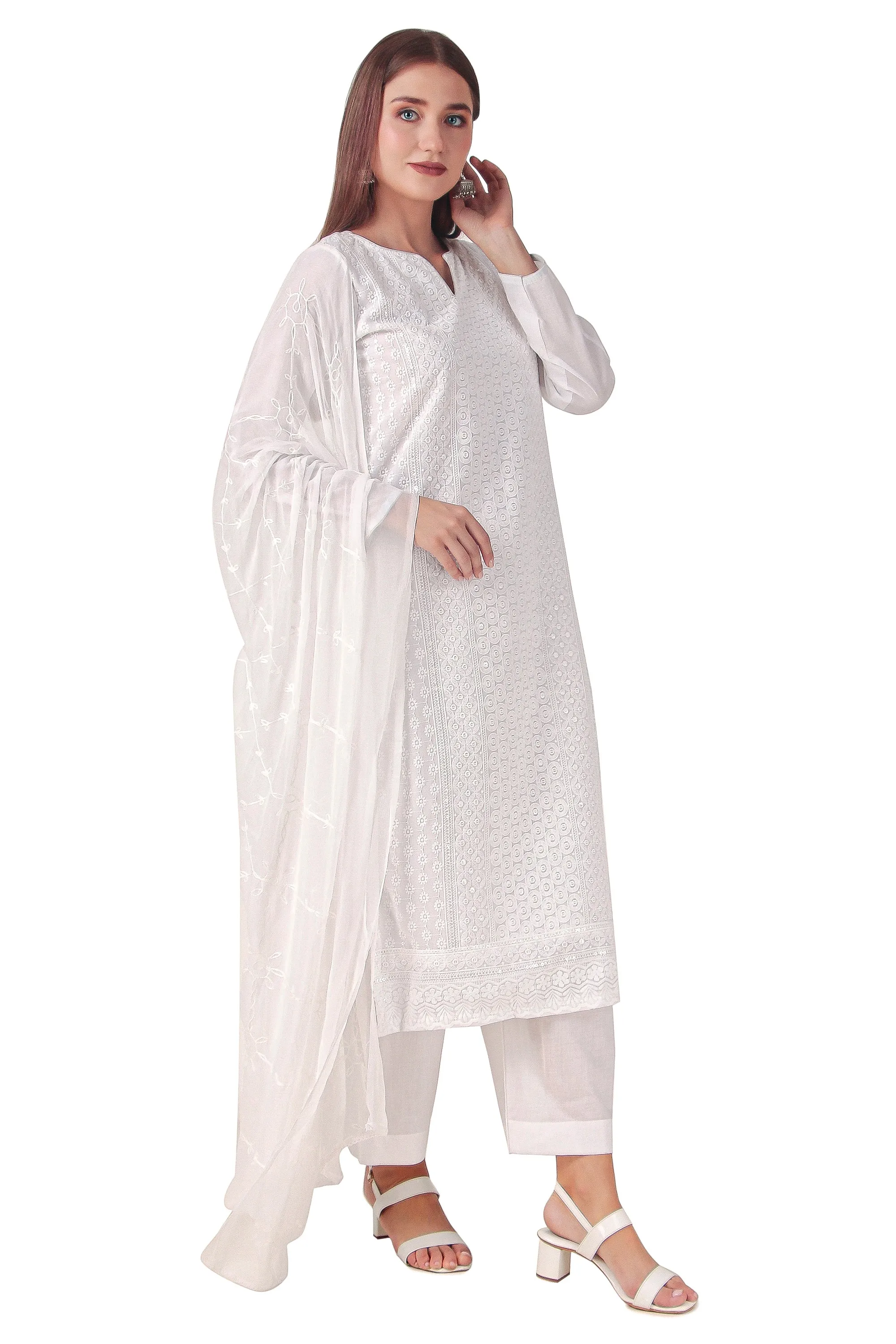 Ladyline White Cotton Chikankari Salwar Kameez Lucknowi Embroidered| Pants & Dupatta Set