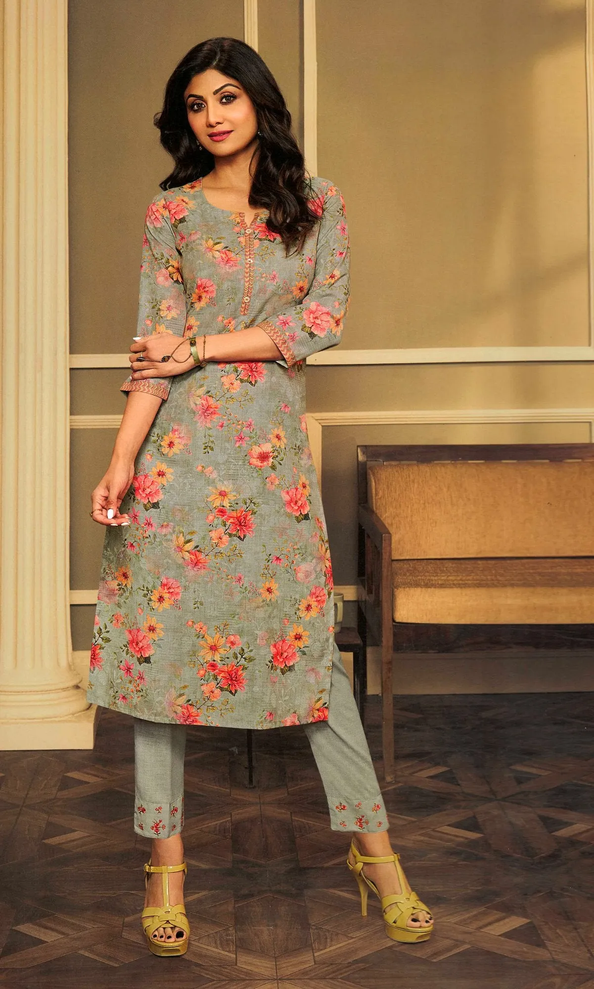 Ladyline Womens Linen Cotton Floral PrintedKurta with Pants Embroidered Set