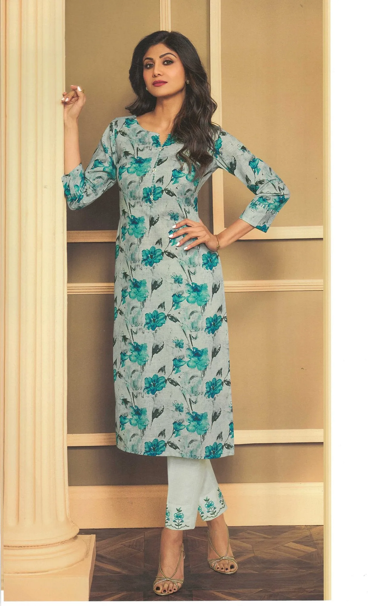 Ladyline Womens Linen Cotton Floral PrintedKurta with Pants Embroidered Set