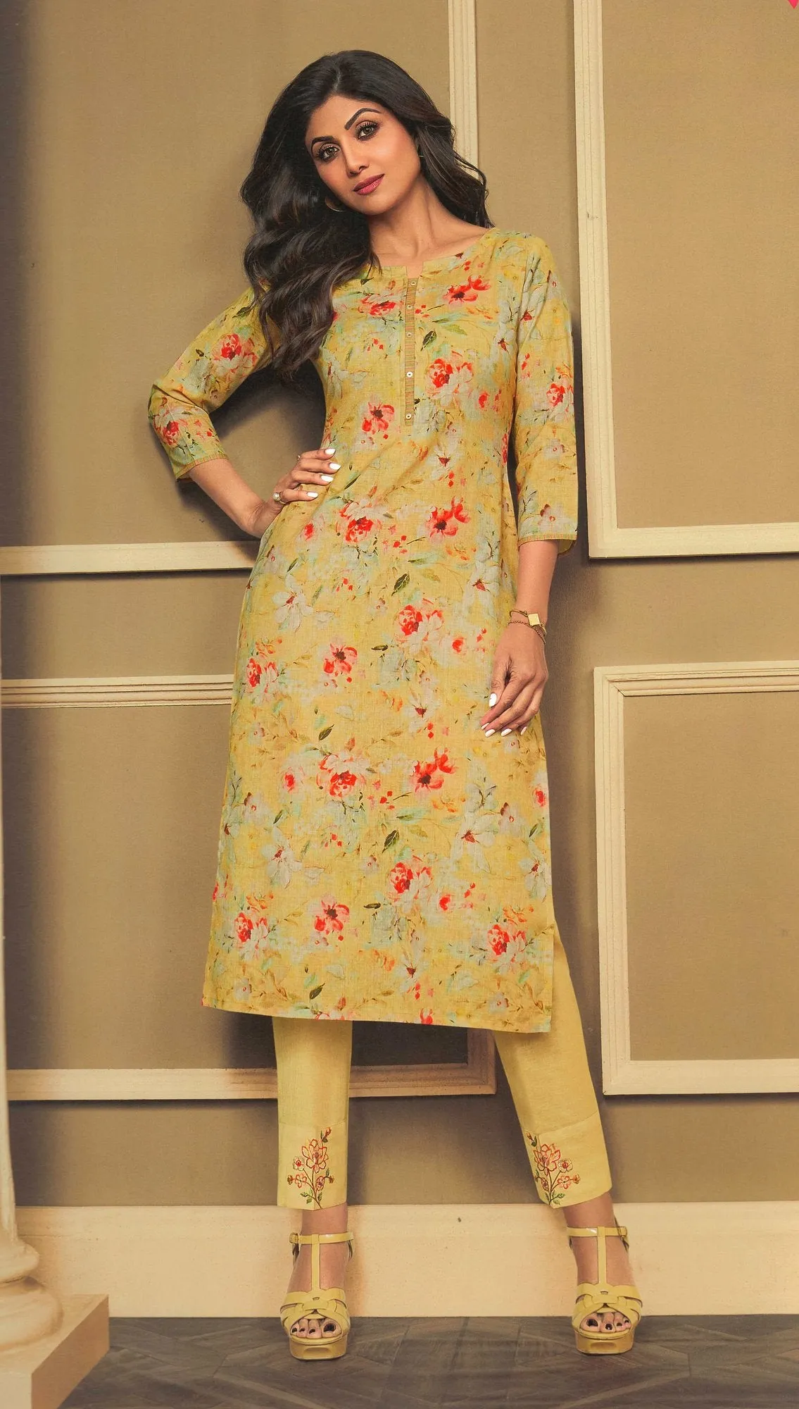 Ladyline Womens Linen Cotton Floral PrintedKurta with Pants Embroidered Set