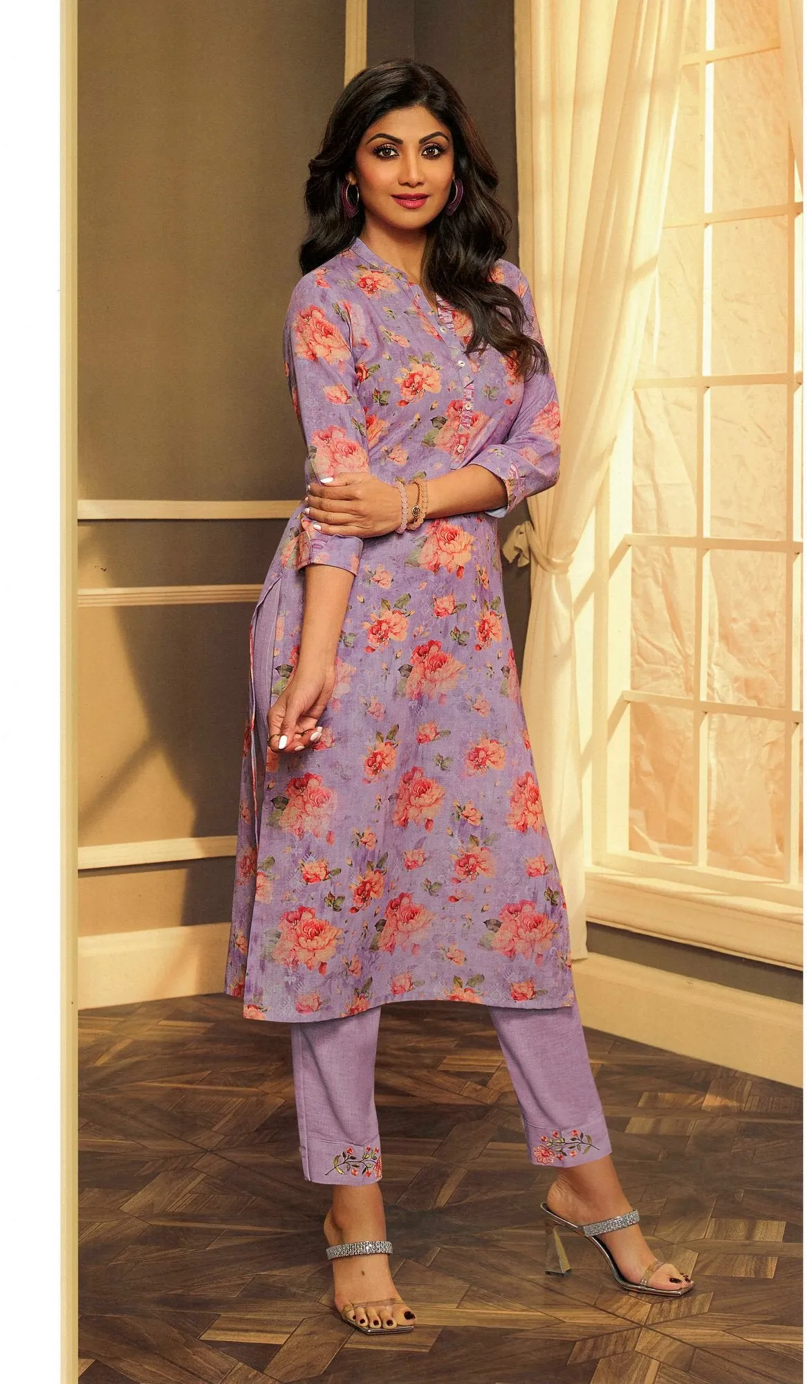 Ladyline Womens Linen Cotton Floral PrintedKurta with Pants Embroidered Set