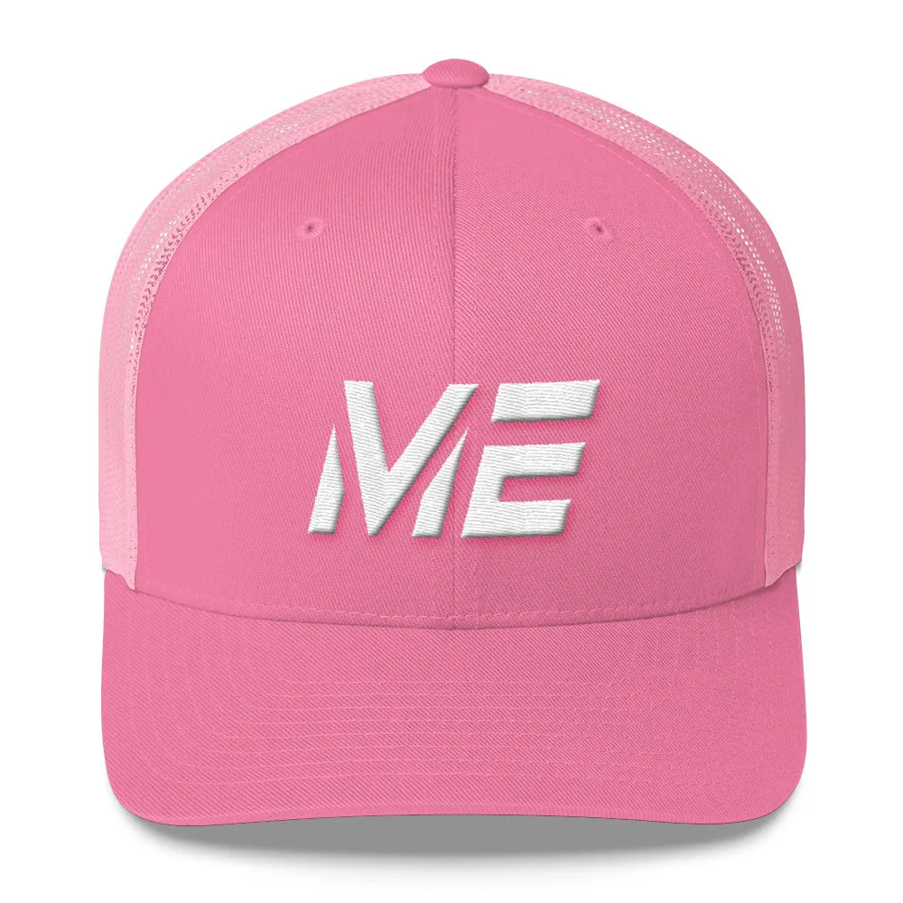 Maine - Mesh Back Trucker Cap - White Embroidery - ME - Many Hat Color Options Available