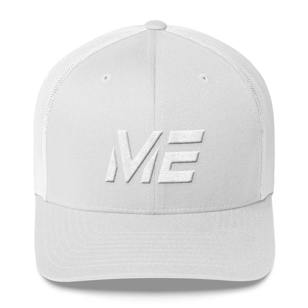 Maine - Mesh Back Trucker Cap - White Embroidery - ME - Many Hat Color Options Available