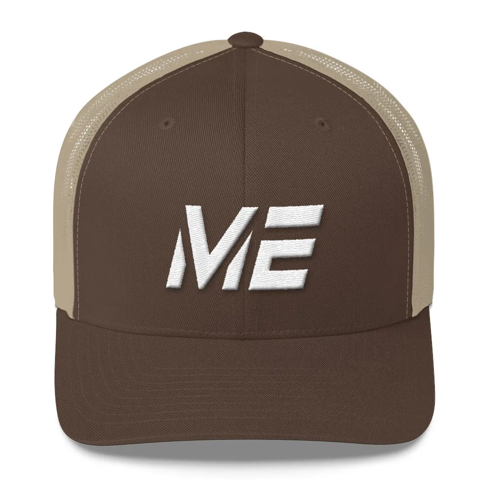 Maine - Mesh Back Trucker Cap - White Embroidery - ME - Many Hat Color Options Available