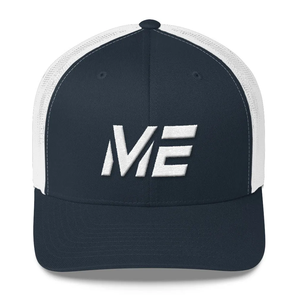 Maine - Mesh Back Trucker Cap - White Embroidery - ME - Many Hat Color Options Available