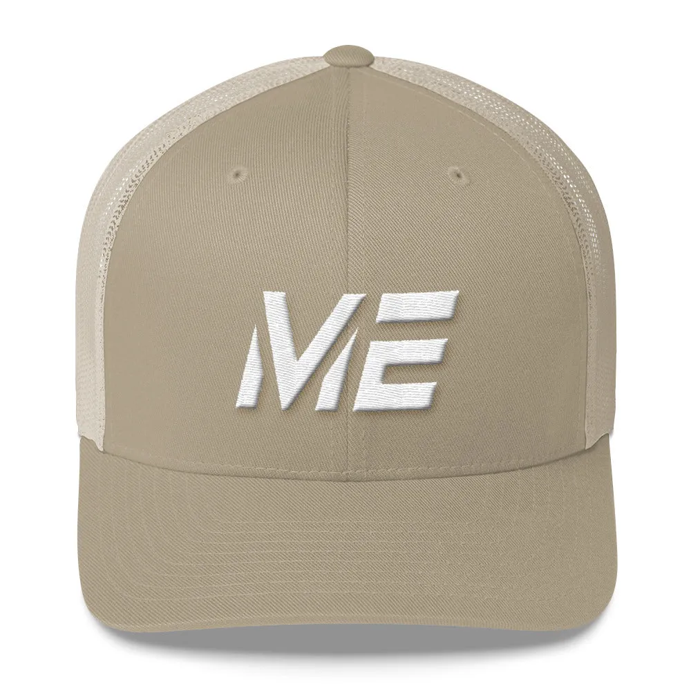 Maine - Mesh Back Trucker Cap - White Embroidery - ME - Many Hat Color Options Available