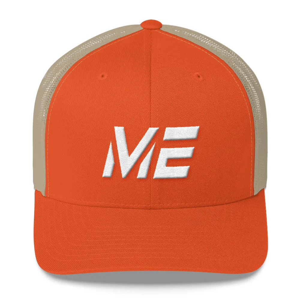 Maine - Mesh Back Trucker Cap - White Embroidery - ME - Many Hat Color Options Available