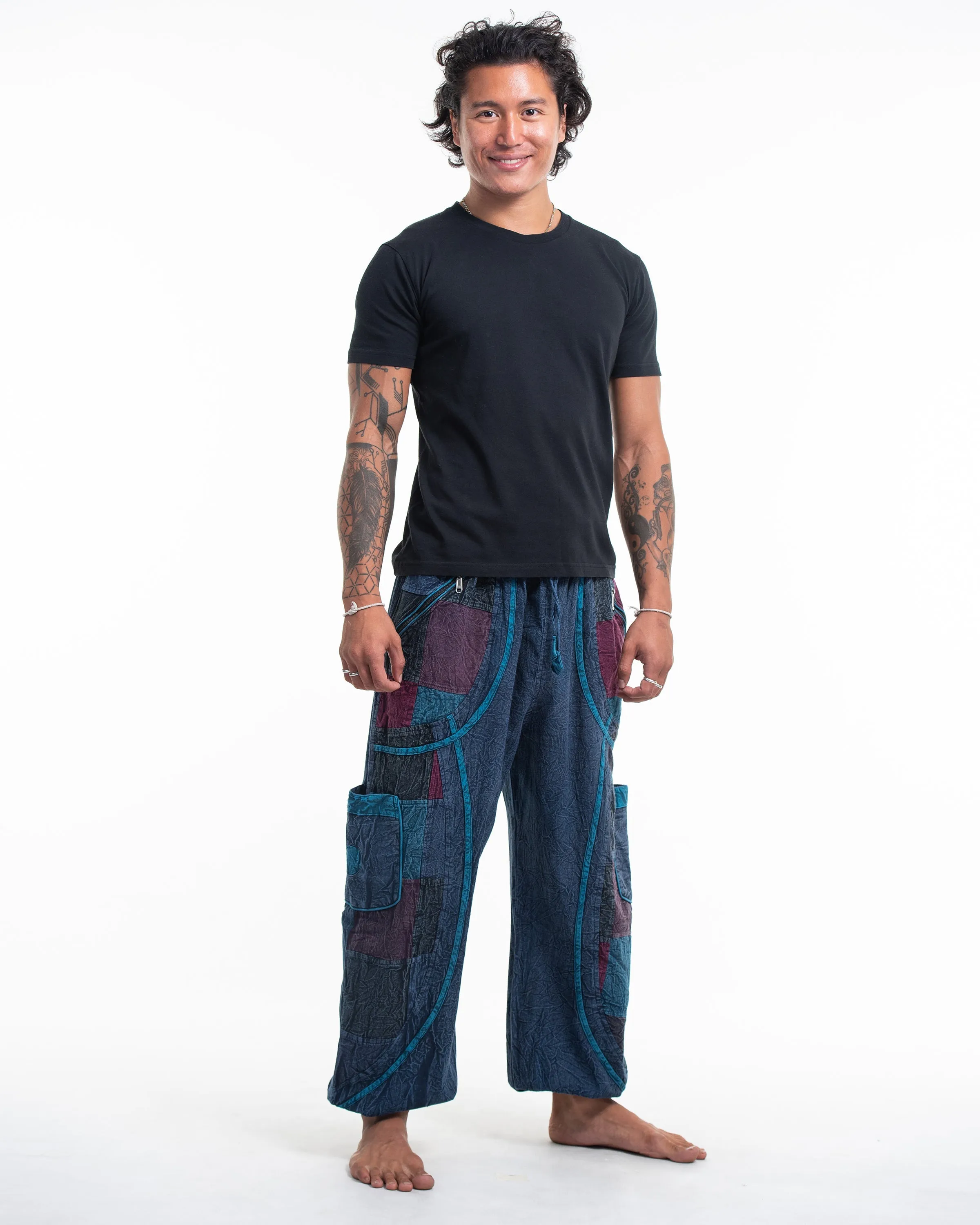 Men's Patchwork Stone Washed Cargo Cotton Pants in Navy 02