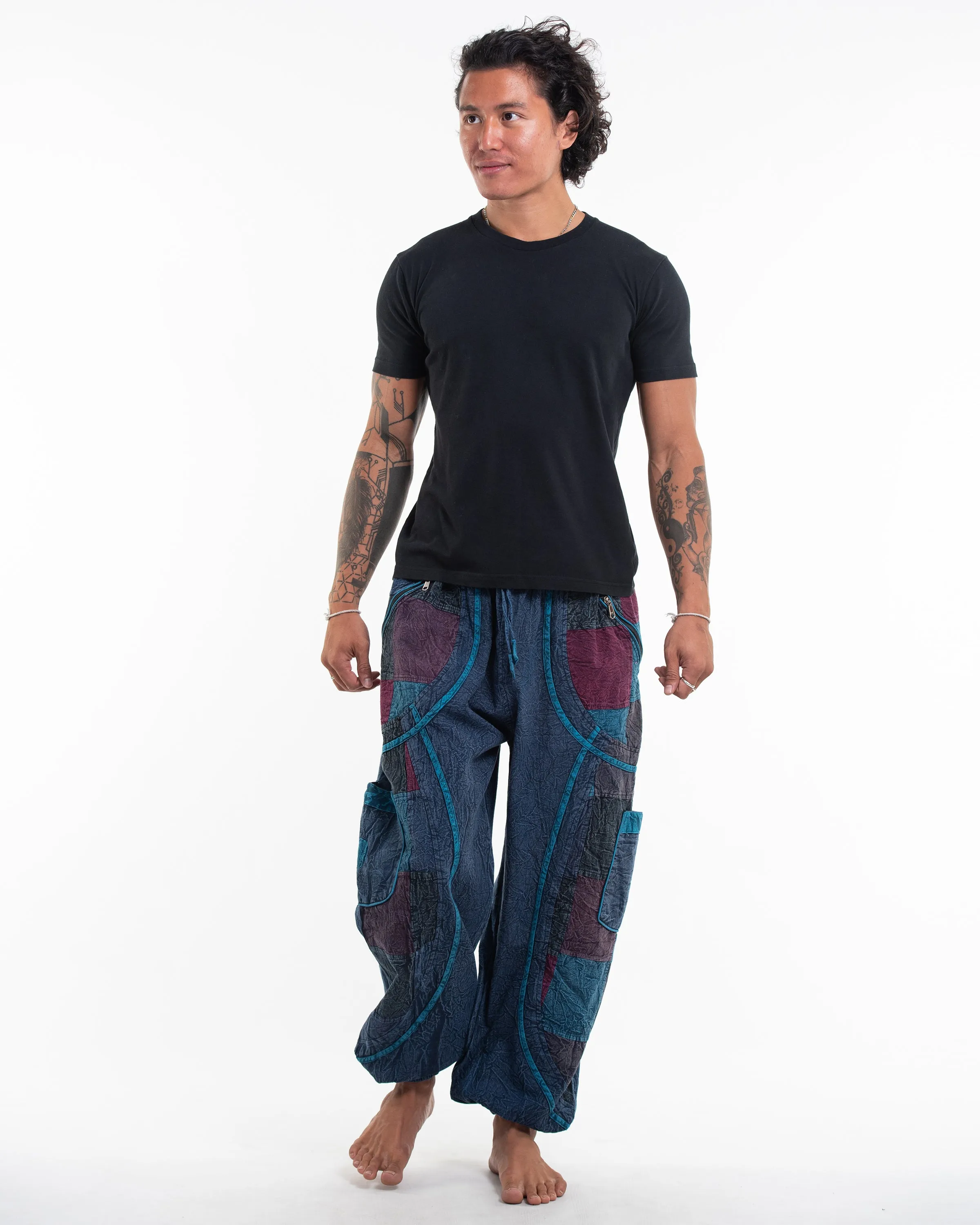 Men's Patchwork Stone Washed Cargo Cotton Pants in Navy 02