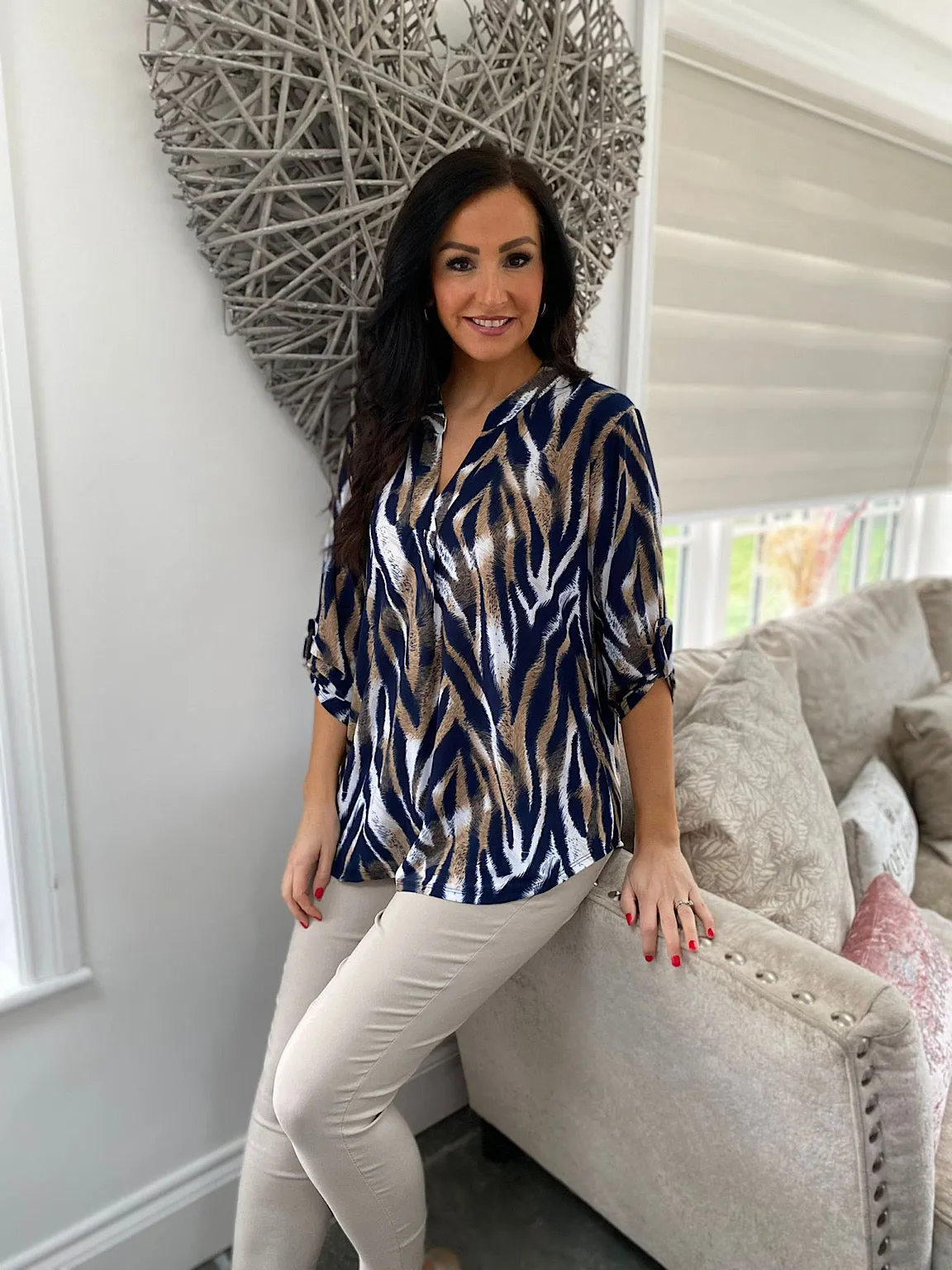 Navy Animal Brushstroke Print Blouse Gloria