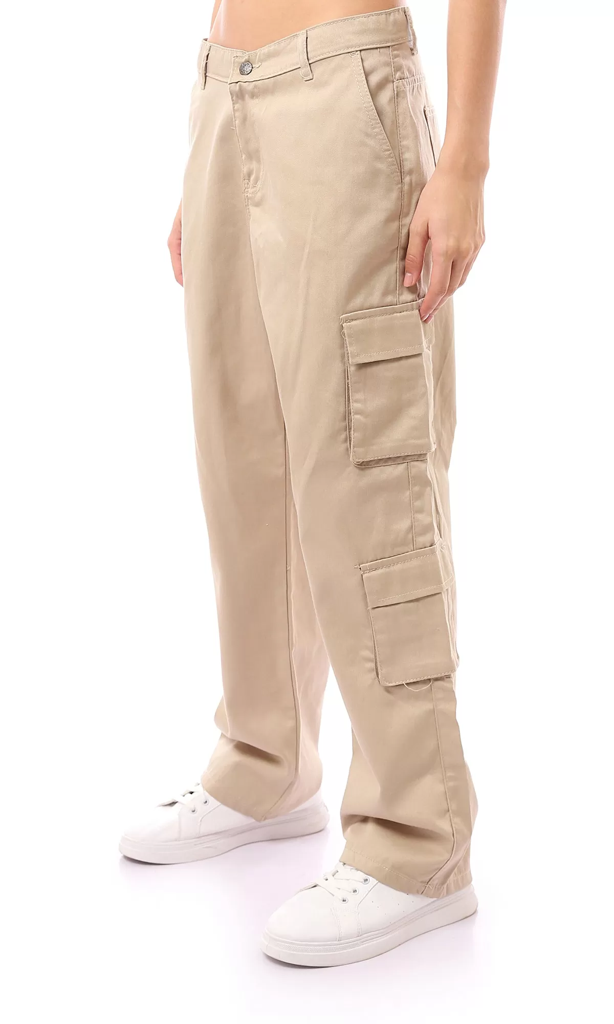 O169941 Casual Solid Beige Cargo Pants With Multi-Pockets