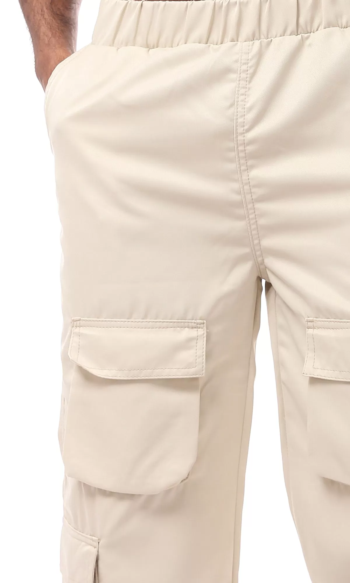 O170579 Elastic Waist Beige Solid Cargo Pants