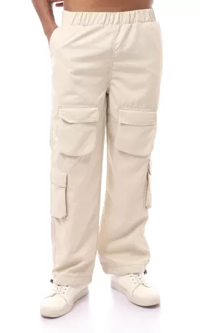 O170579 Elastic Waist Beige Solid Cargo Pants