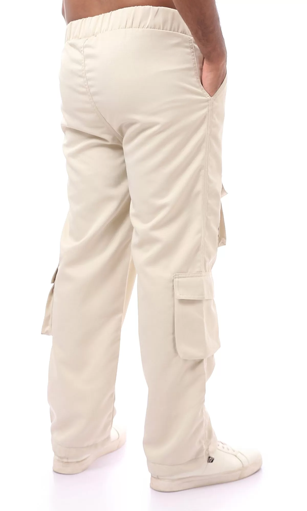 O170579 Elastic Waist Beige Solid Cargo Pants