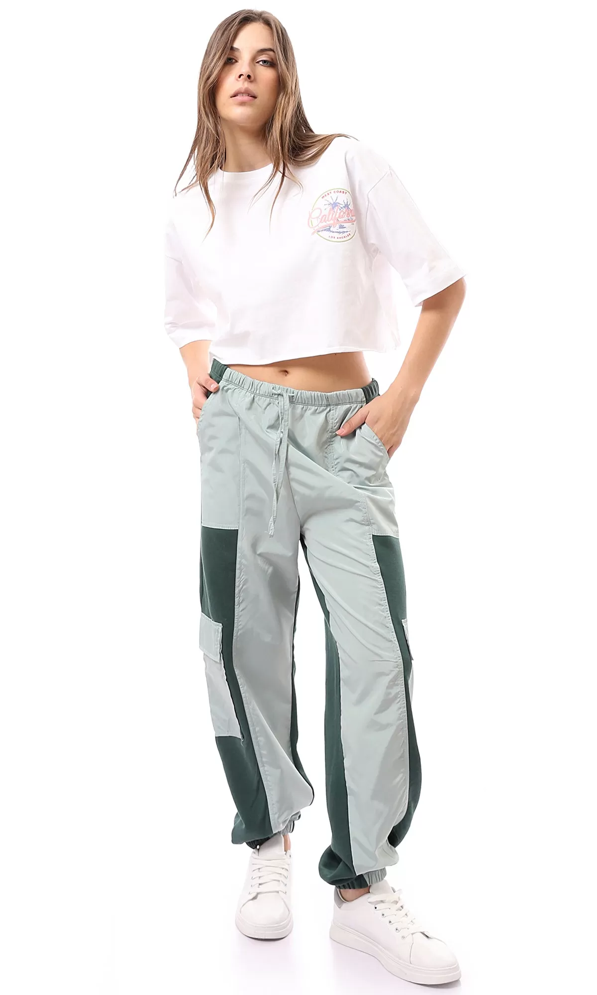 O172867 Trendy Wide Leg Bi-Tone Cargo Pants - Green Shades