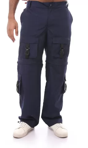 O175728 Wide Leg Navy Blue Cargo Pants With Elastic Waist