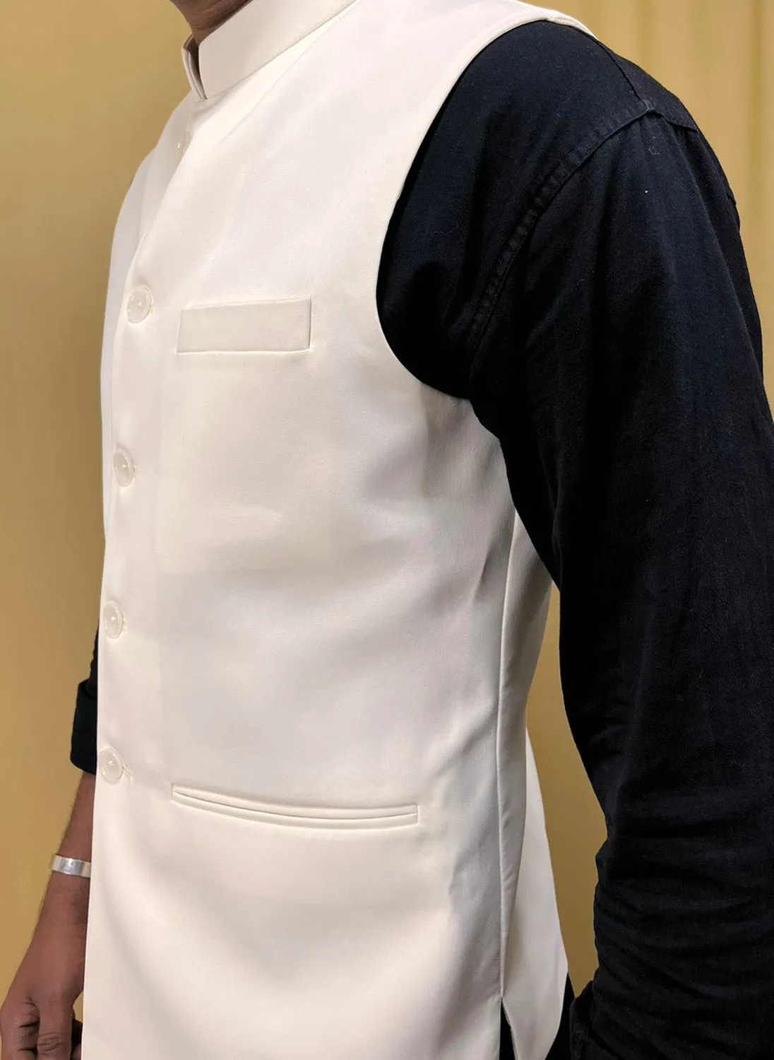 Off White Crepe Silk Formal Nehru Jacket