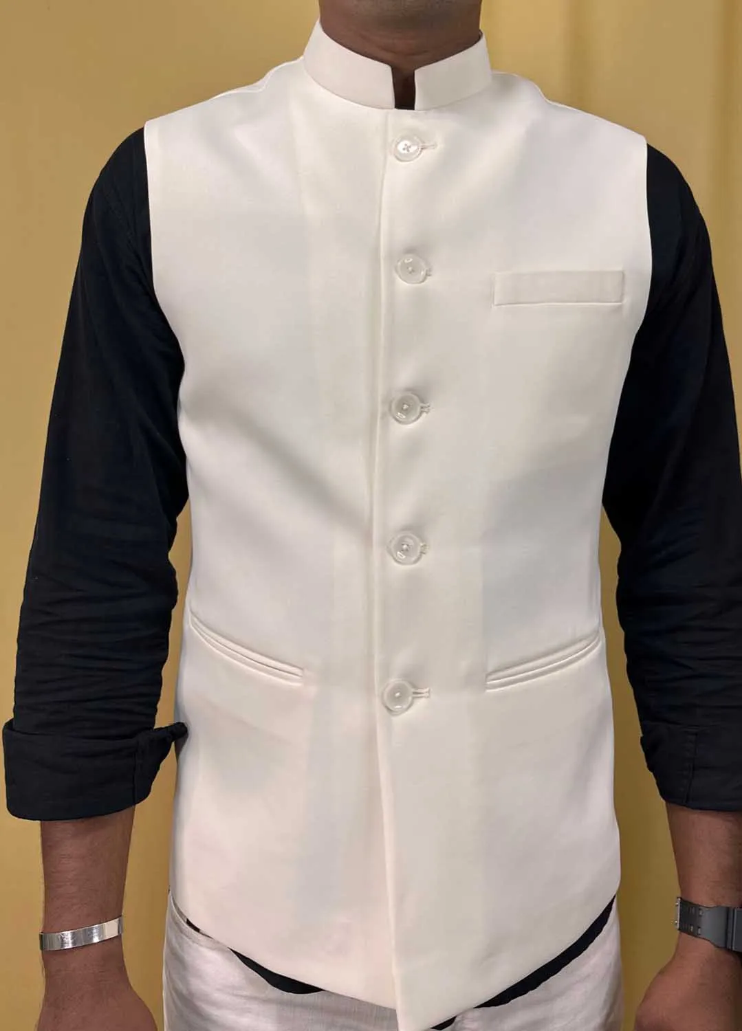 Off White Crepe Silk Formal Nehru Jacket