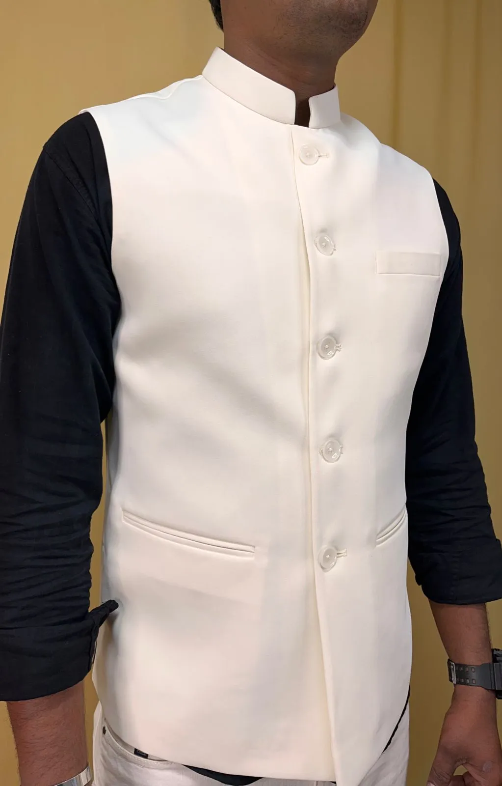 Off White Crepe Silk Formal Nehru Jacket