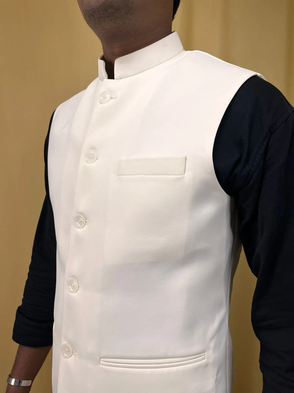 Off White Crepe Silk Formal Nehru Jacket