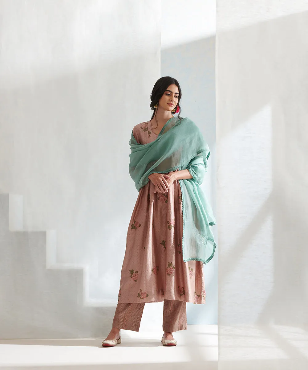 Old Rose Handloom Chanderi Kurta Set with Pants And Organza Dupatta