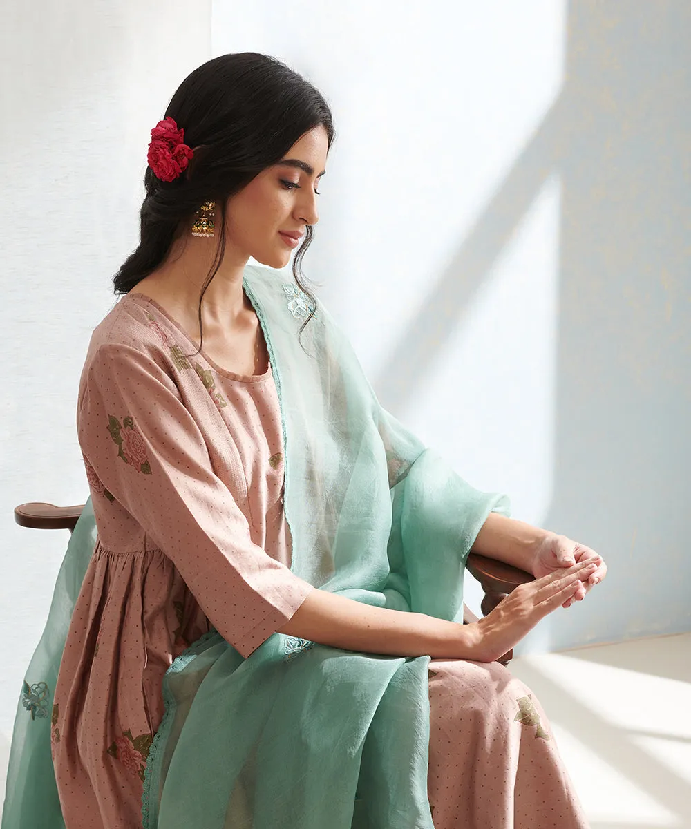 Old Rose Handloom Chanderi Kurta Set with Pants And Organza Dupatta