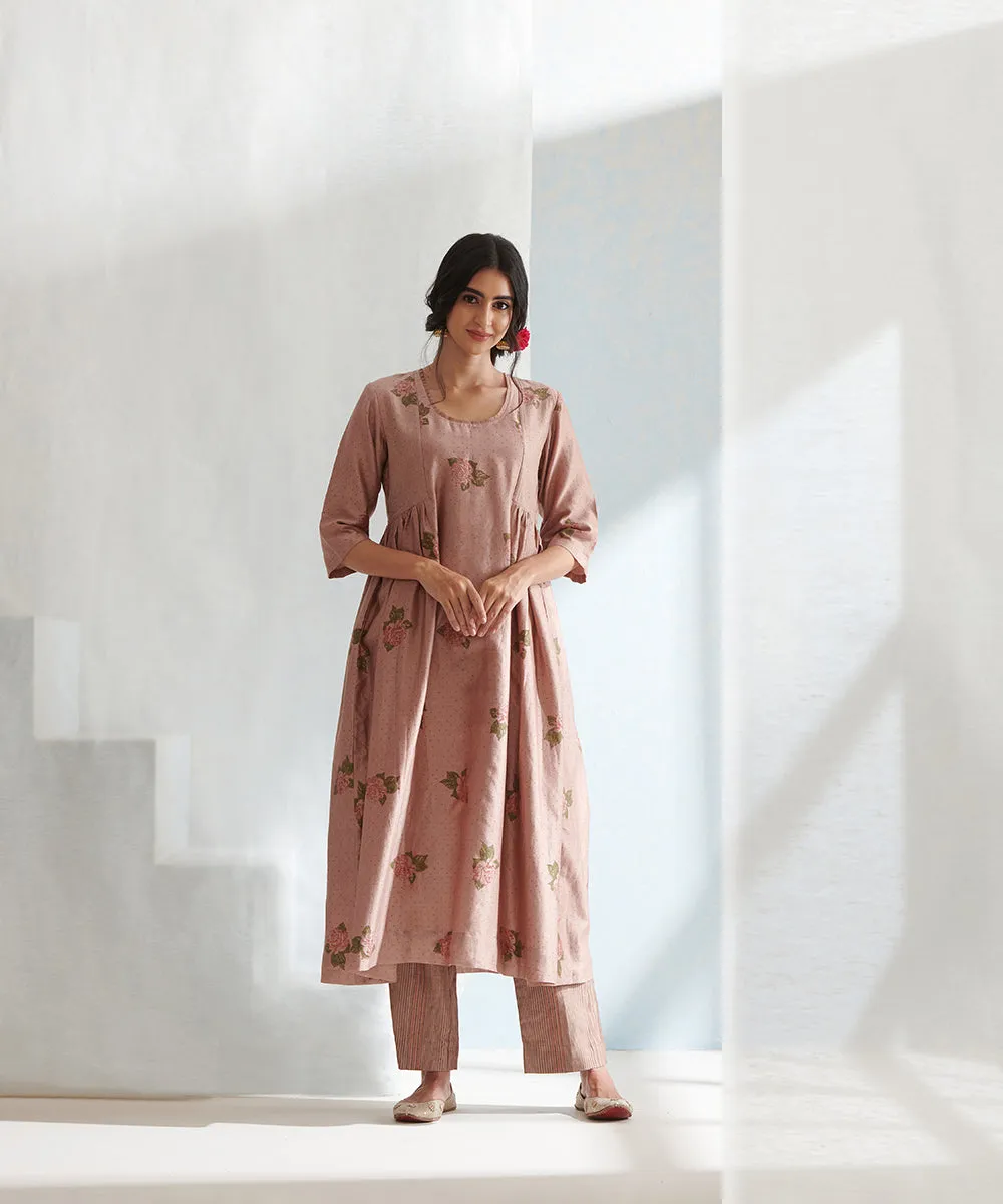 Old Rose Handloom Chanderi Kurta Set with Pants And Organza Dupatta