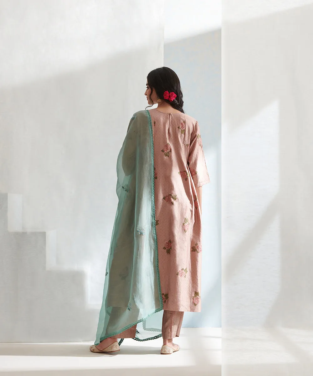 Old Rose Handloom Chanderi Kurta Set with Pants And Organza Dupatta