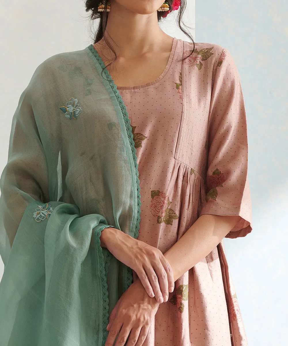 Old Rose Handloom Chanderi Kurta Set with Pants And Organza Dupatta