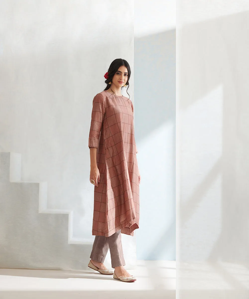 Peach Handloom Block Printed Chanderi Kurta Set with Grey Pants And Dupatta